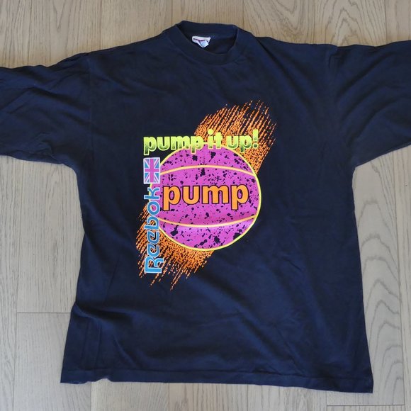 Pump It Up Reebok Vintage 1990's Union Jack Black Large T-Shirt - Picture 1 of 5